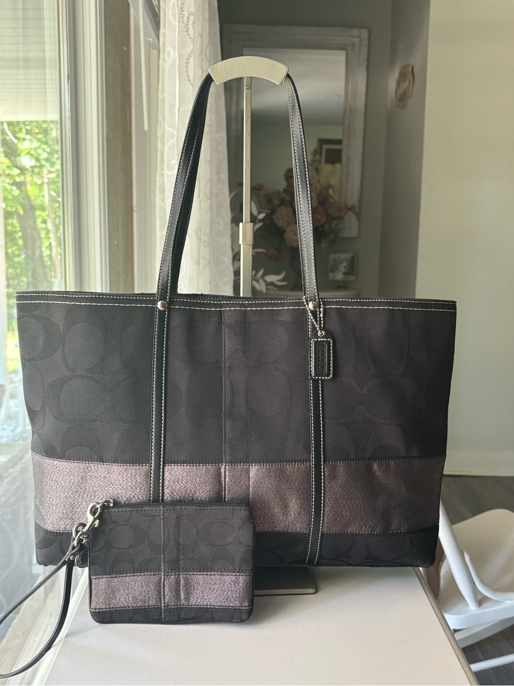 Coach Black and Metallic Taupe Signature Canvas Tote with Wristlet